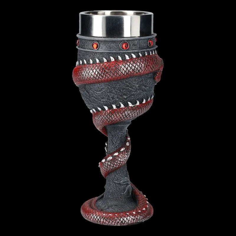 Red wine glass with 3D Chinese dragon design on resin base and stainless steel stem.