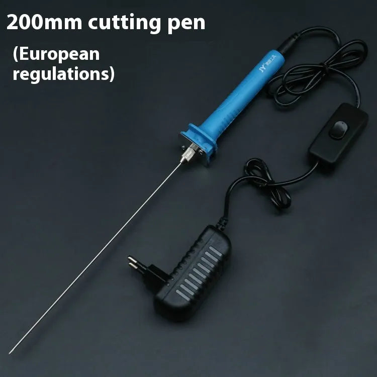 Blue electric heating foam cutter pen with plastic handle and adapter.