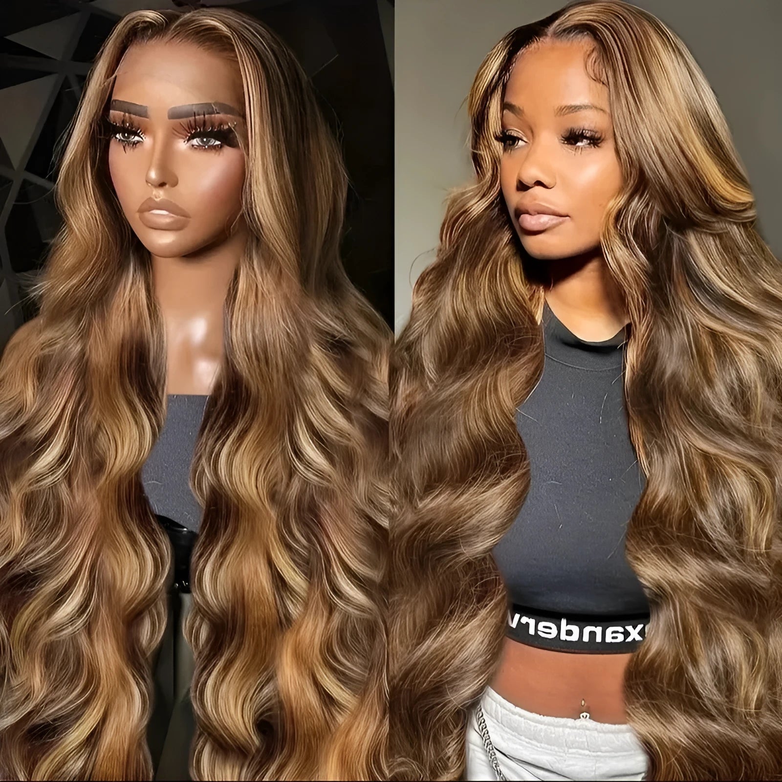 Women's big wave long curly highlight wig in medium curly piano colour on a mannequin head