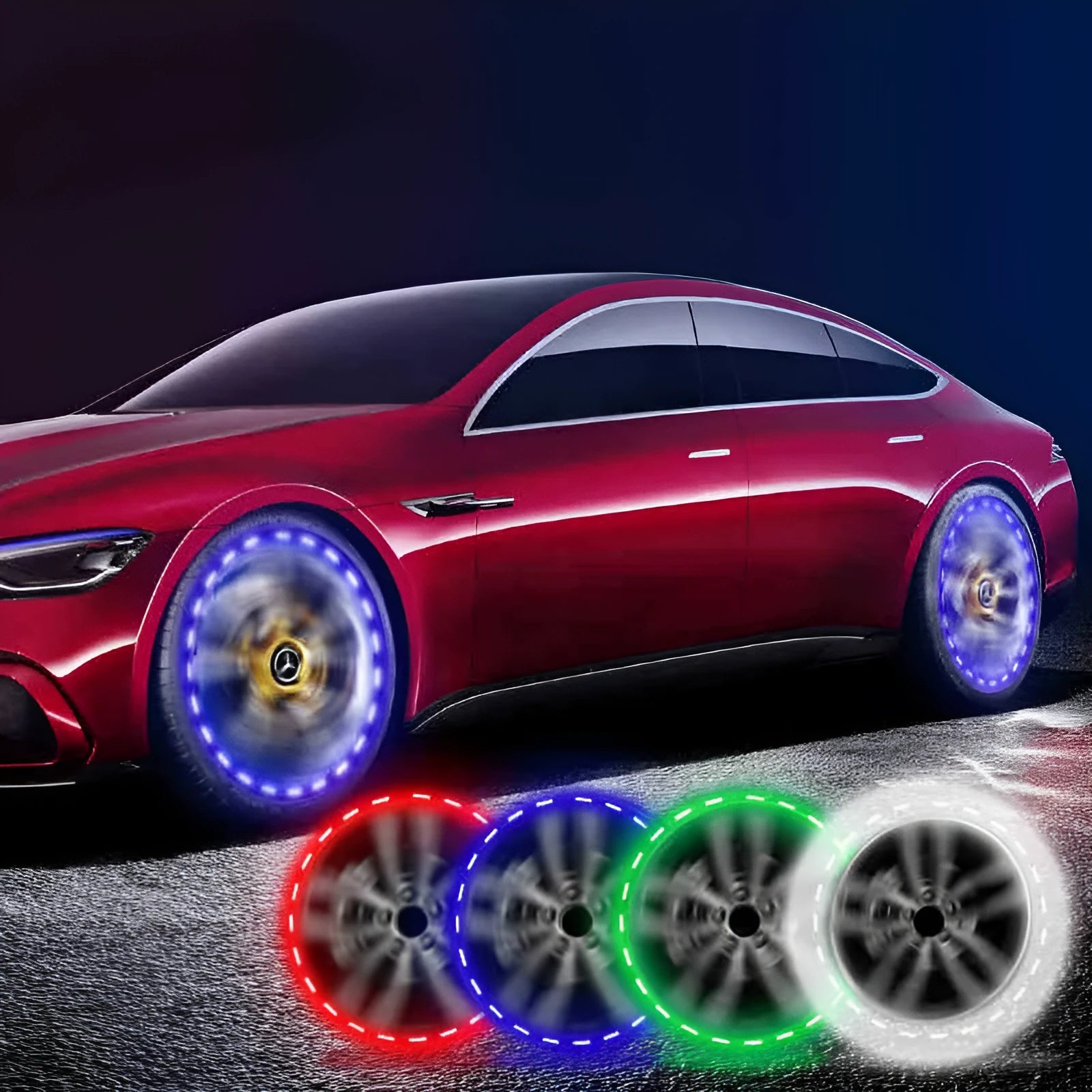Colourful solar-powered LED hub decorative lights for vehicle wheel installation with 15 flash modes