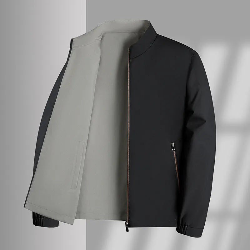 Men's double-sided stand collar casual windproof jacket in solid colour, loose fit, polyester fibre