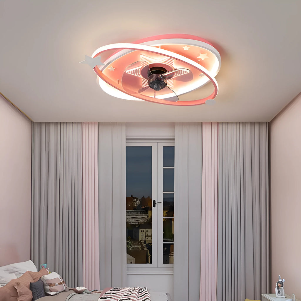 Blue children's bedroom ceiling fan with integrated LED light panels and remote control on white background