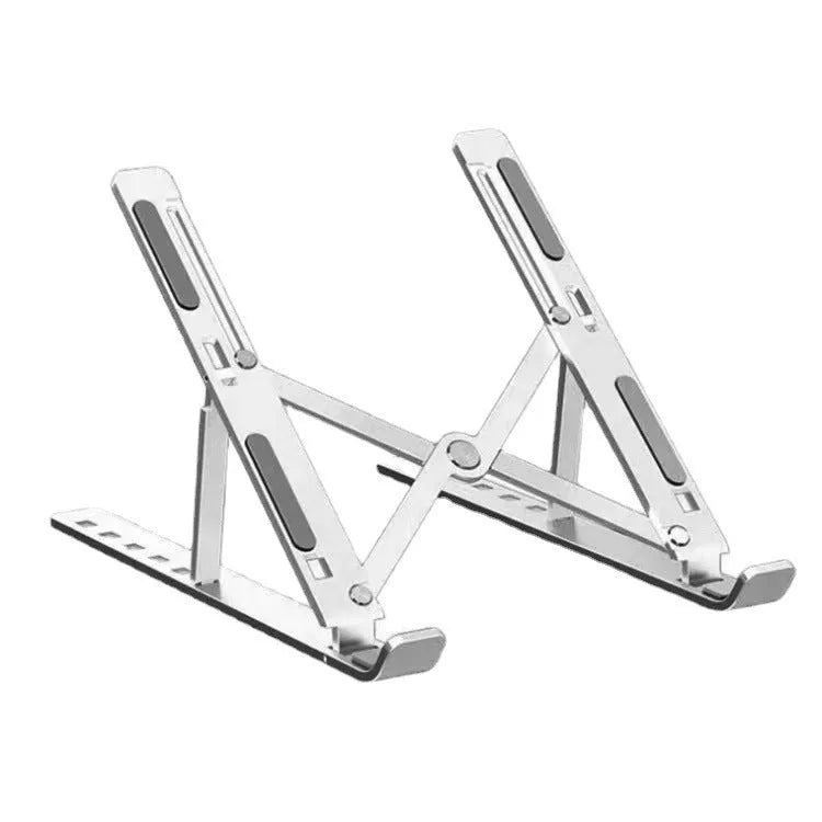 Silver aluminium laptop stand holding a notebook at an angle on a desk