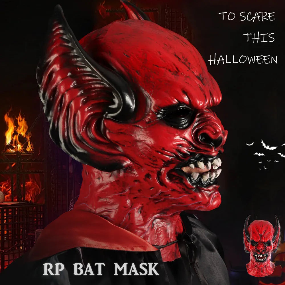 Red bat head cover party mask made from RP foam with elastic strap.