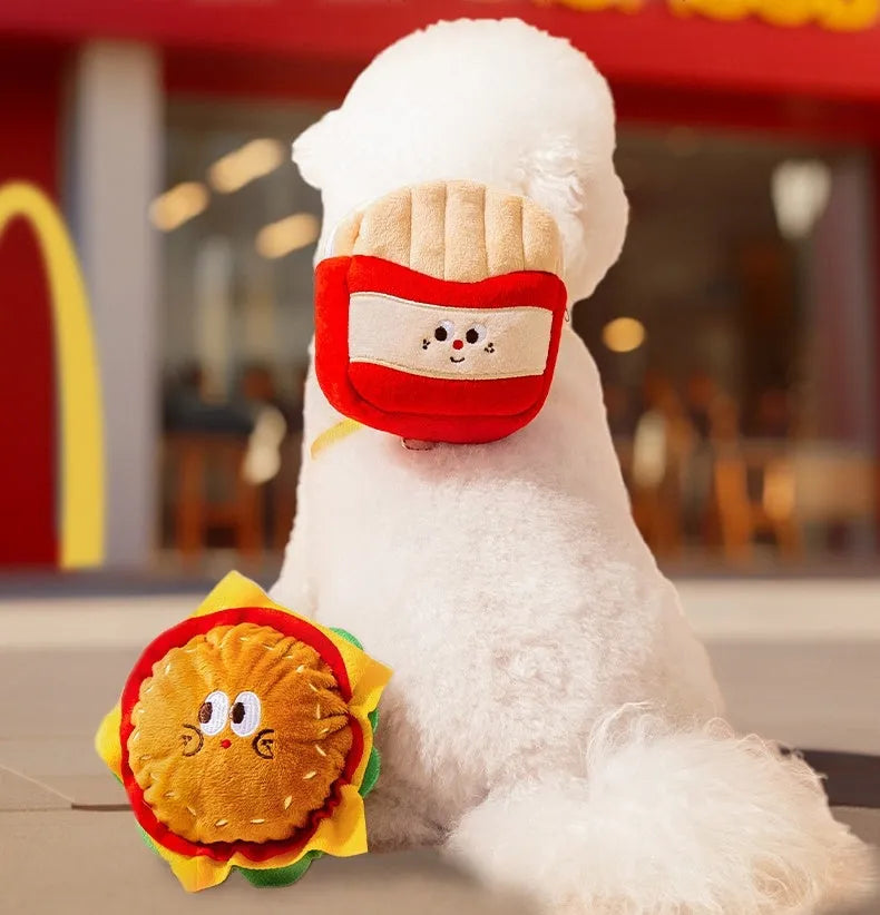 Cartoon hamburger chips design adjustable dog leash and escape proof vest with backpack harness.