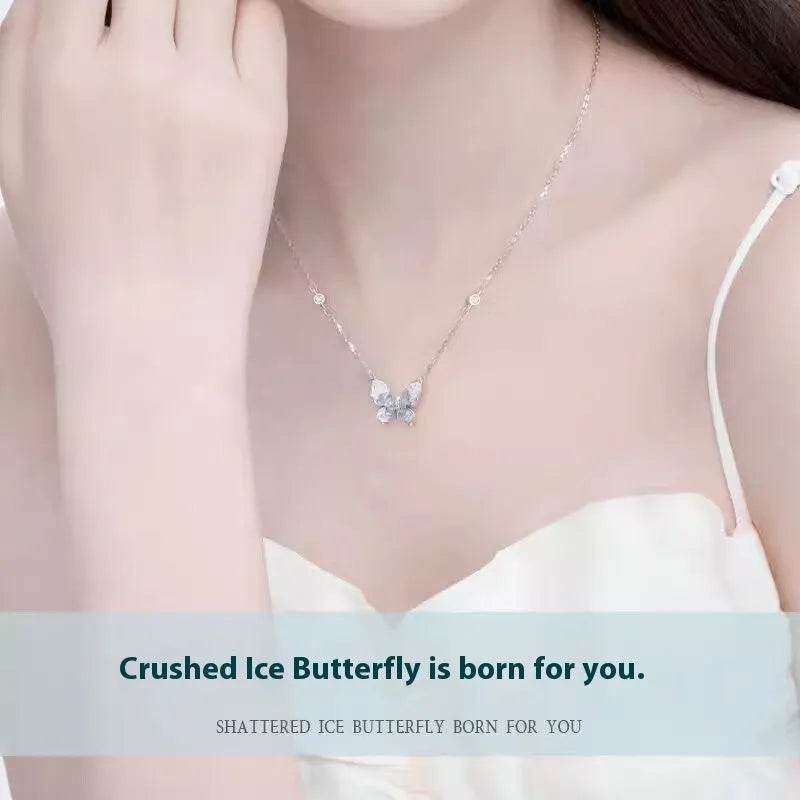Silver butterfly necklace with adjustable O-ring chain showing ice rain butterfly pendant on S925 silver