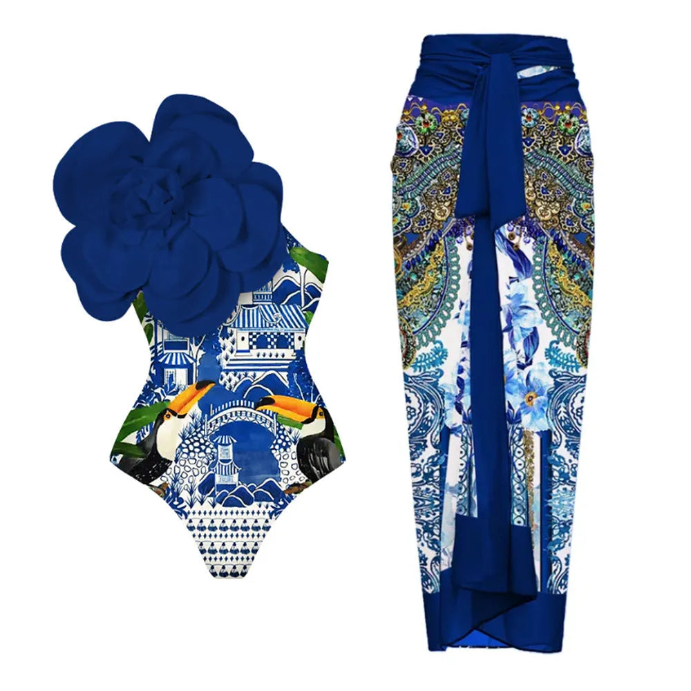 One-piece swimsuit with raised three-dimensional floral pattern in a solid colour, showing a tight European/American style fit.
