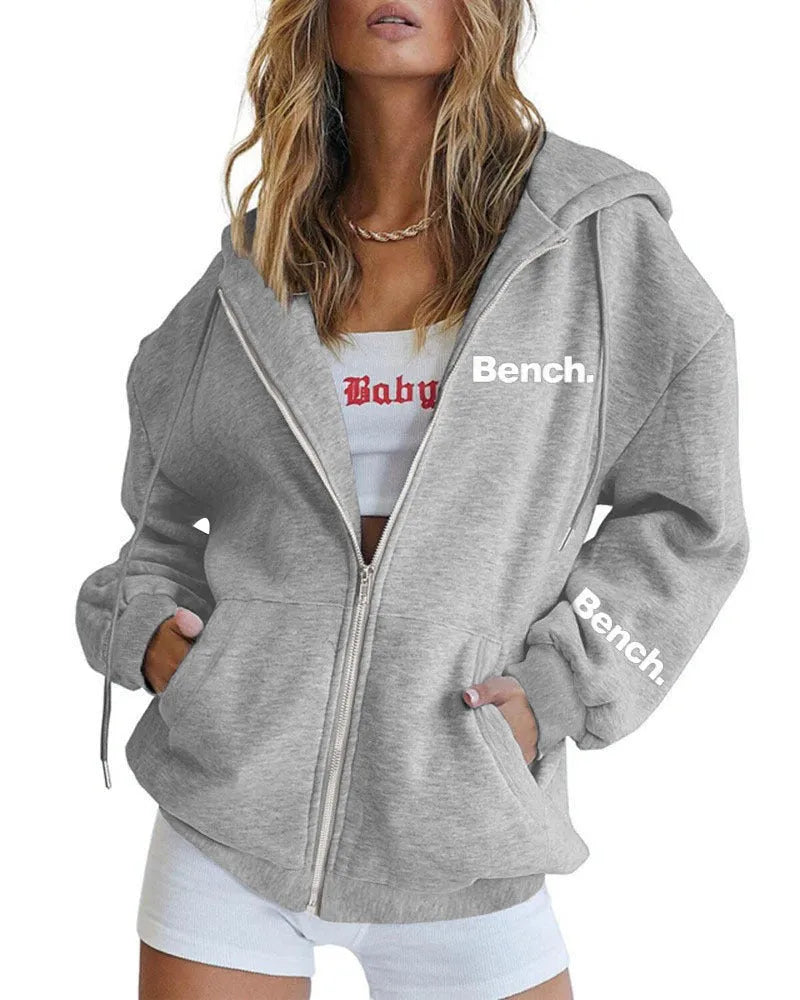 Black letter print polyester zipper sweater coat with hood, loose Japanese Korean casual style