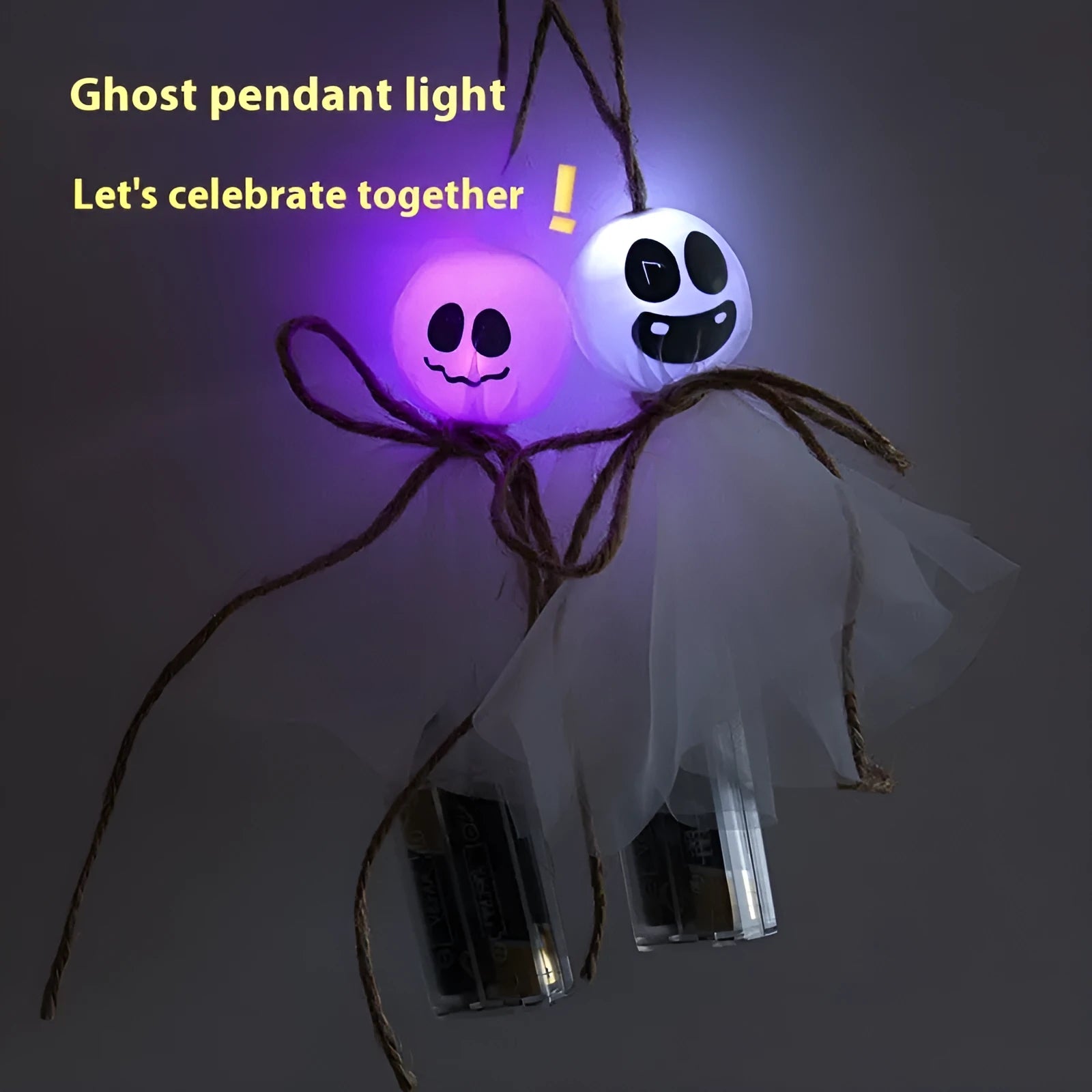 Halloween ghost-themed LED lighting chain with battery box and colourful PVC shell