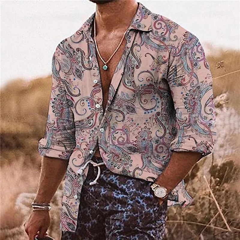 Men's loose fit Bohemian shirt with 3D floral digital printing in polyester fabric
