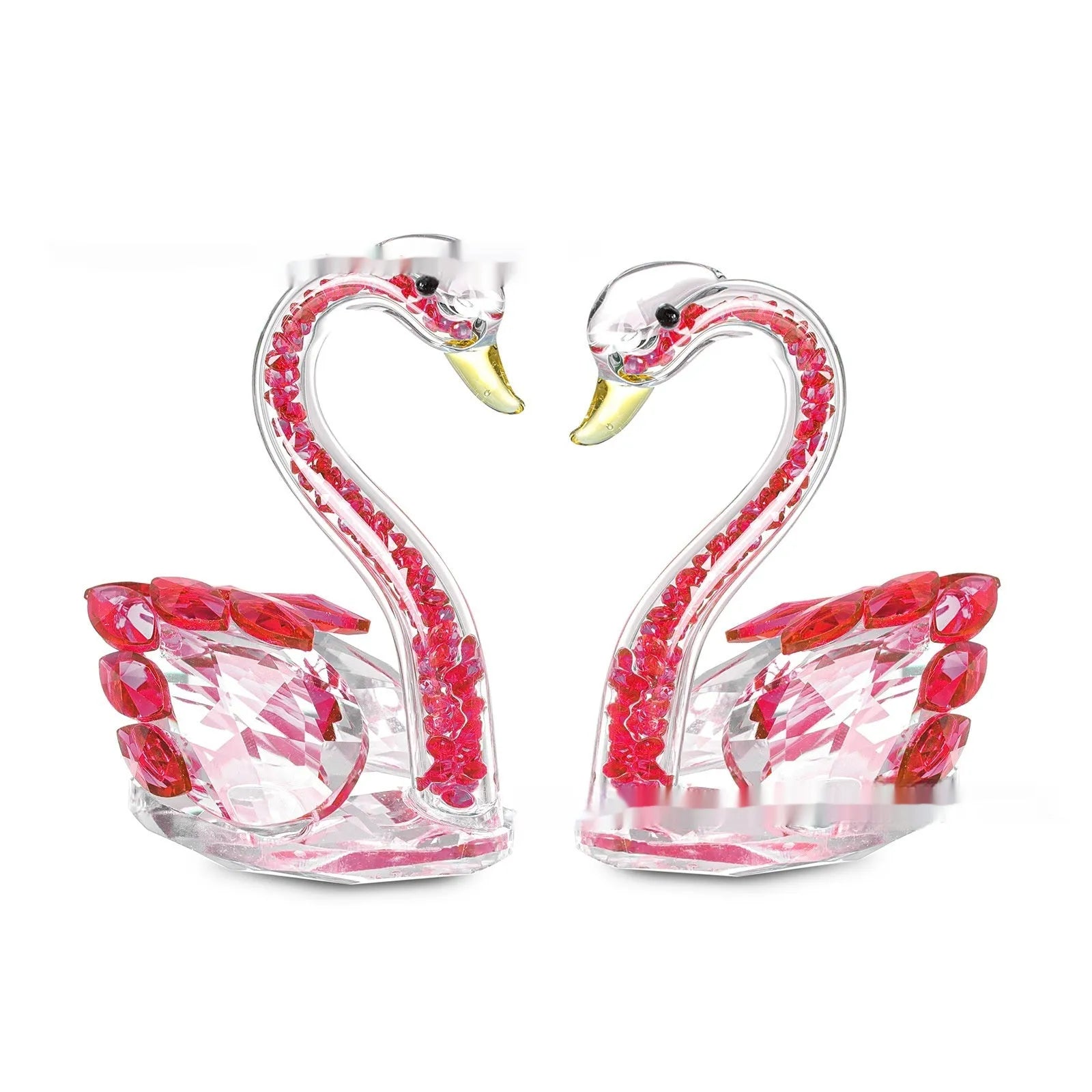 White crystal swan decoration on desktop with red, blue, pink, and violet colour options