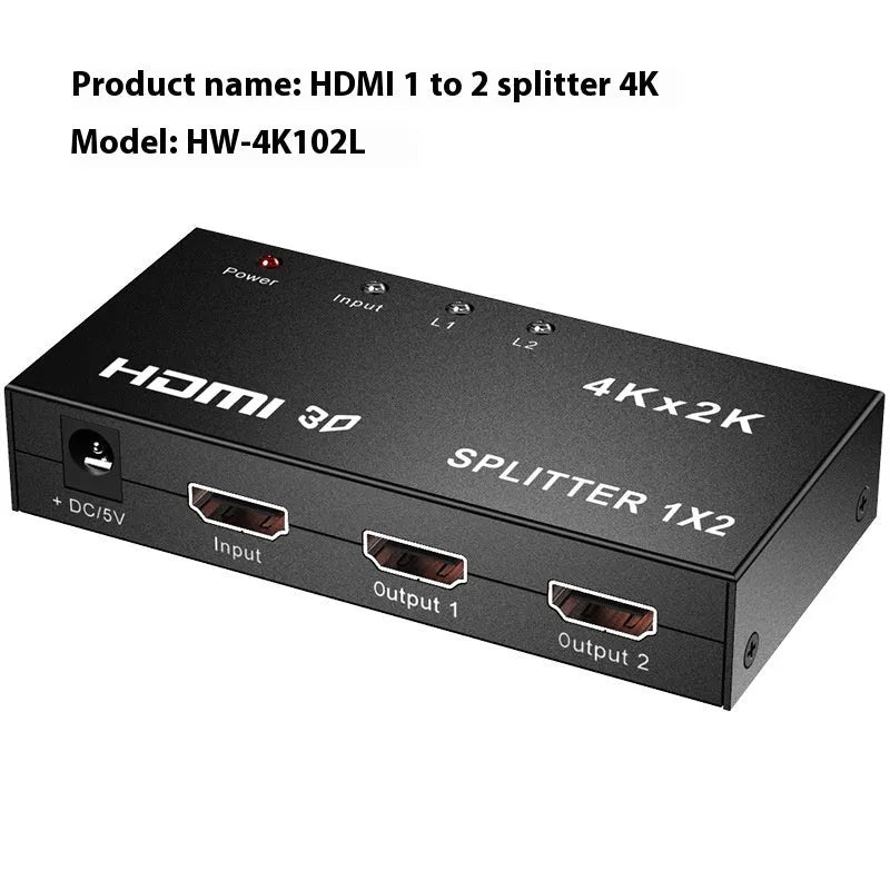 4K HDMI one into two splitter device with selection of power interface options