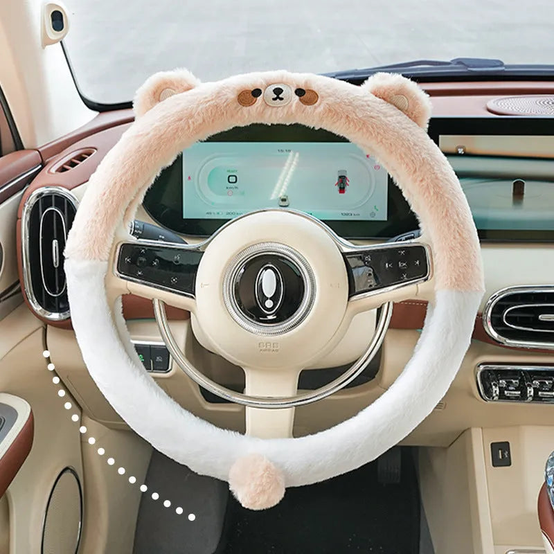 Plush winter steering wheel cover with rabbit fur embroidered cartoon designs in 38cm diameter