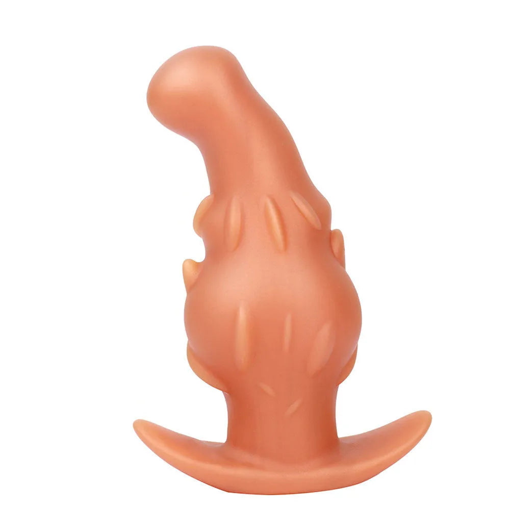 Adult liquid silicone masturbator in purple, gold, or black, shown in sizes S, M, L, XL.