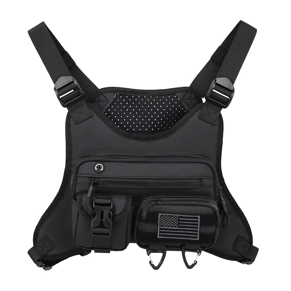 Men's outdoor chest bag in oxford cloth with sewing line details, shown in black, blue, and grey.