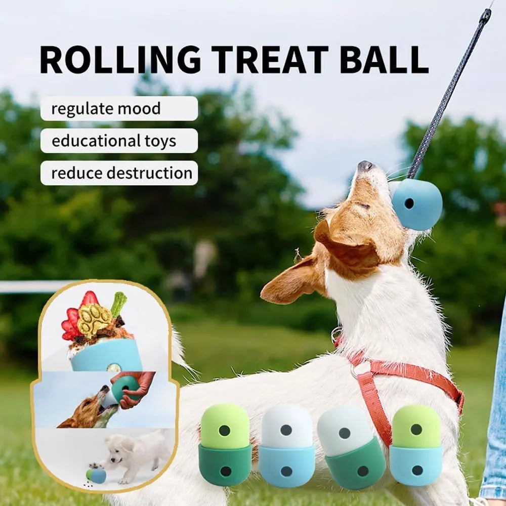 Food grade silicone dog treat puzzle ball in white with blue trim, measuring 8x11cm
