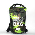 Outdoor waterproof camouflage polyester double shoulder backpack in green, with roll-top closure and foldable design
