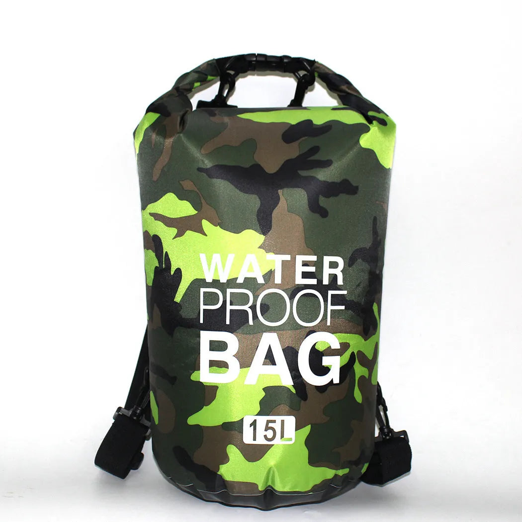 Outdoor waterproof camouflage polyester double shoulder backpack in green, with roll-top closure and foldable design