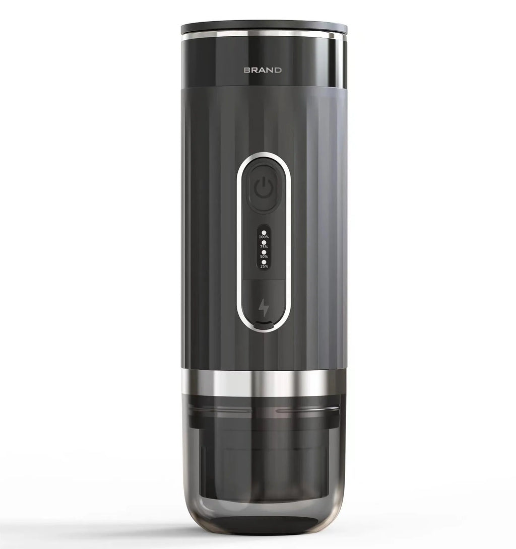 Black portable capsule coffee machine for car and camping use with 36V operation