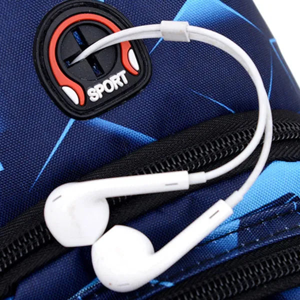Blue print sling chest bag with a crossbody strap, showing the earphone hole and zipper opening.