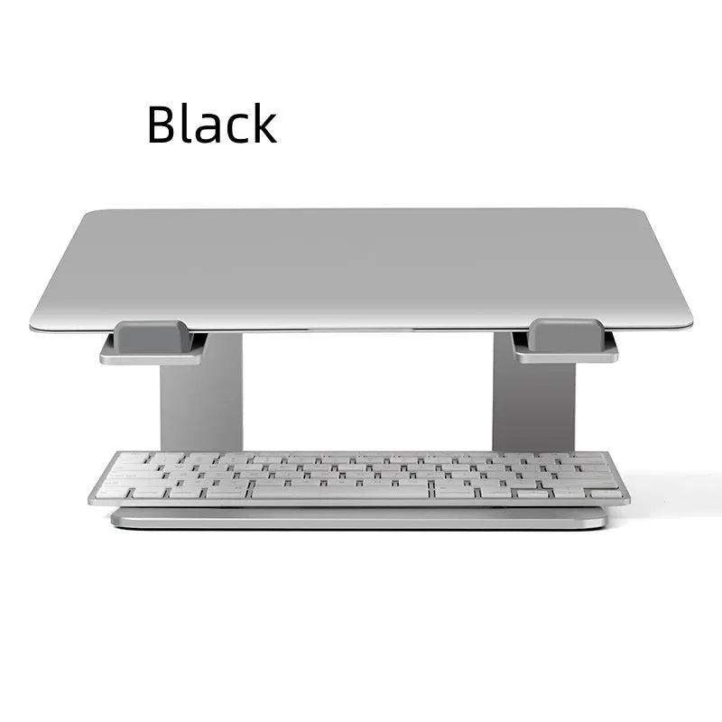 Aluminium laptop stand in black or silver with ventilation gap and foldable design