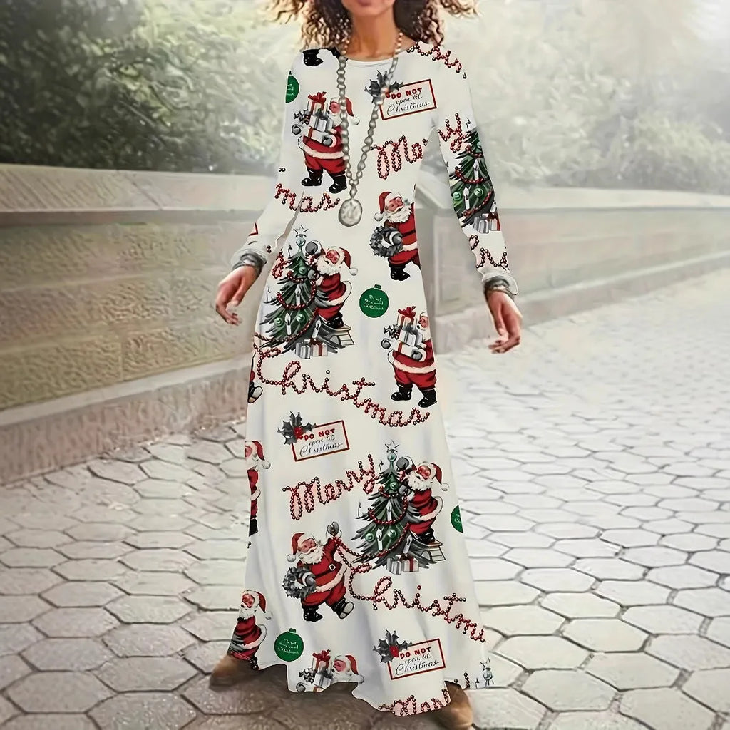 Santa Claus printed long sleeve round neck polyester dress in beige with mid waist and leather stitching