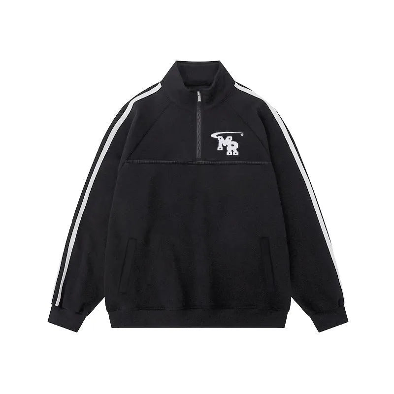 Black Hong Kong style retro sports hoodie with stand collar and long sleeves