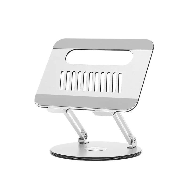 Silver aluminium laptop stand with height adjustment mechanism in folded position