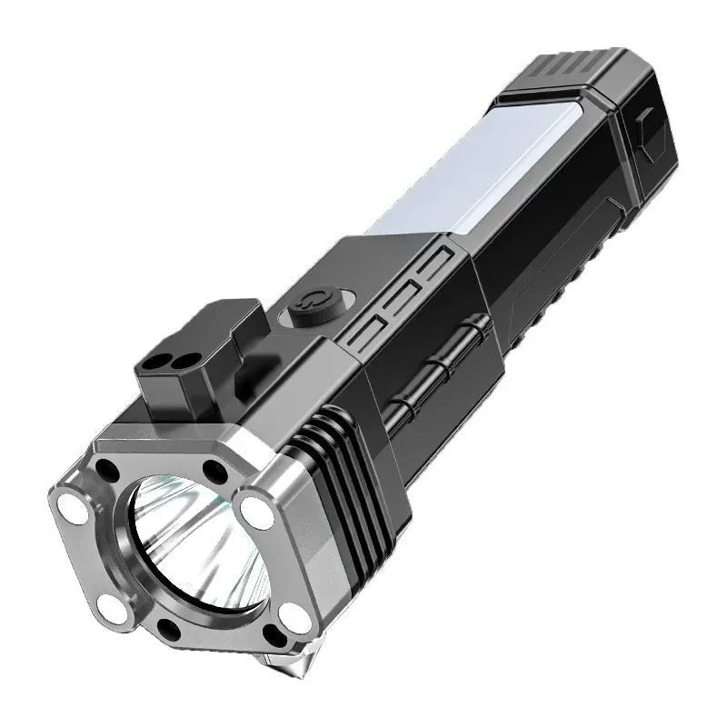 Silver portable plastic LED flashlight with strong beam for emergency and outdoor use.