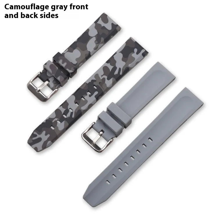 Camouflage silicone watch strap in green, blue, and grey patterns showing flat head design and three width options