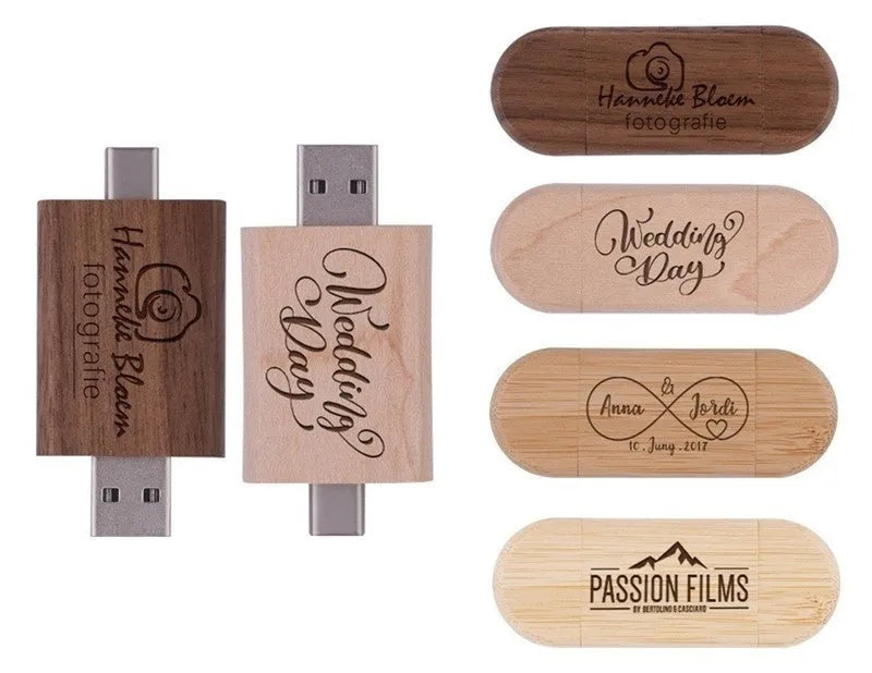 Carved wooden box-shaped USB flash drive with TYPE-C phone connector on display