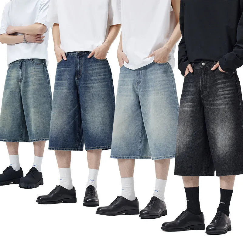Men's straight-leg denim shorts in light blue with cropped ankle length