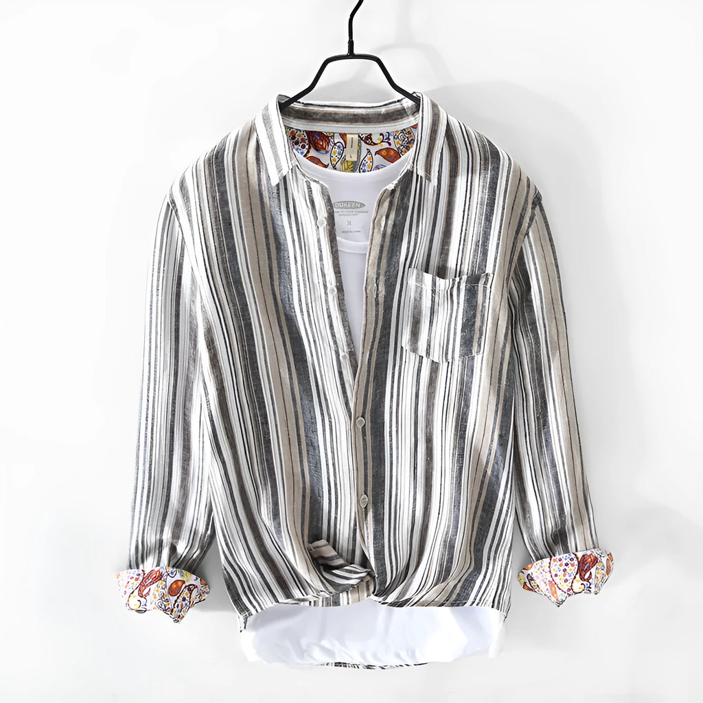 Men's striped linen shirt in loose fit with long sleeves for casual summer wear