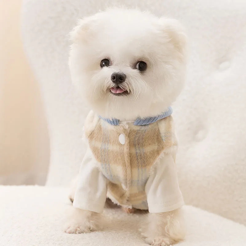 Blue chessboard grid corduroy hooded vest for small dog with traction hood design