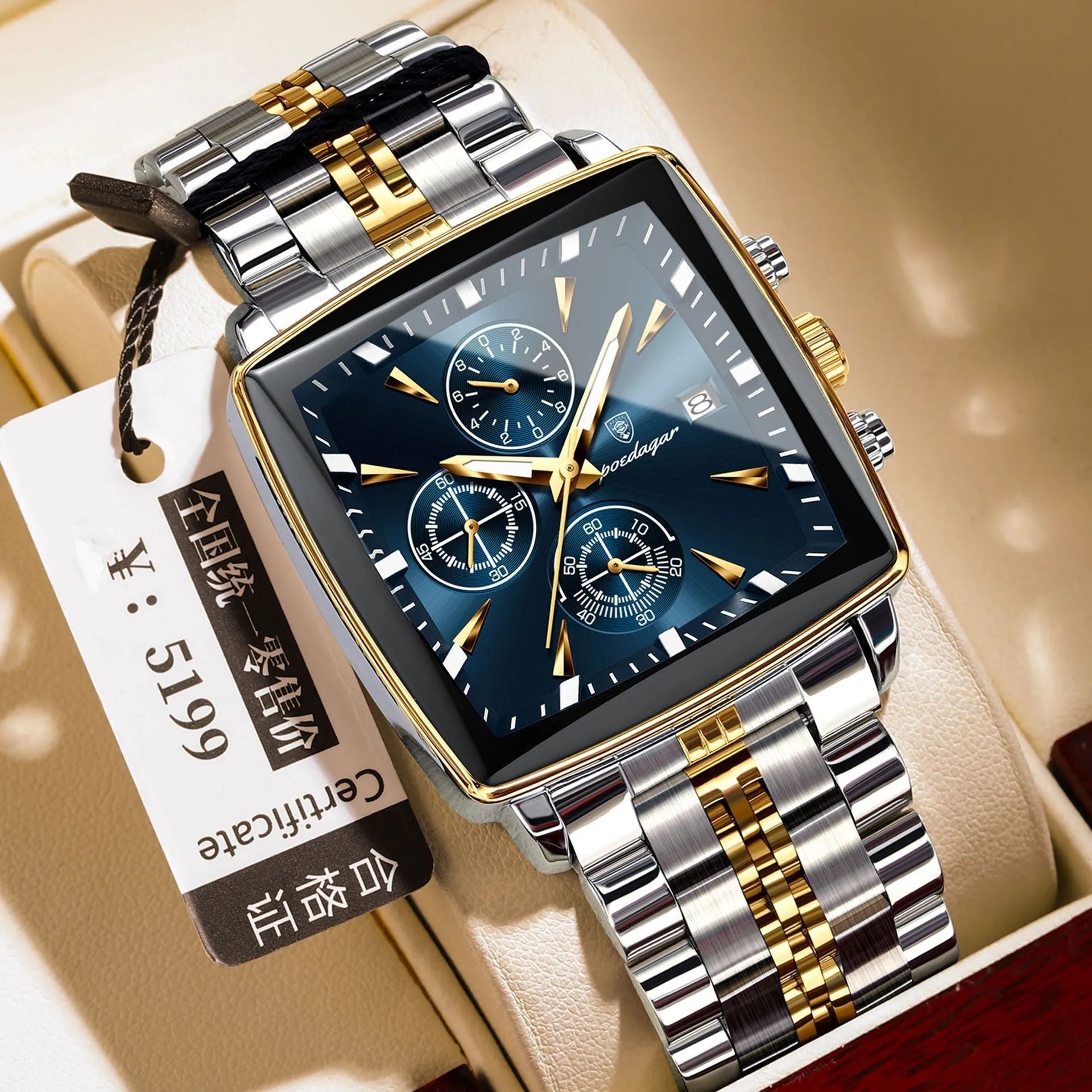 Square men's business quartz watch with stainless steel strap and butterfly buckle