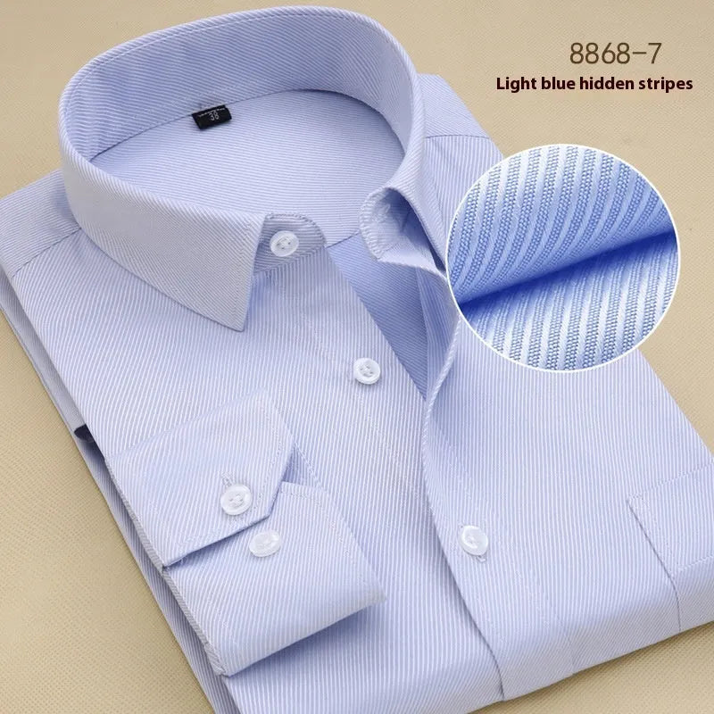 Men's black long sleeve business slim fit cotton shirt on a hanger