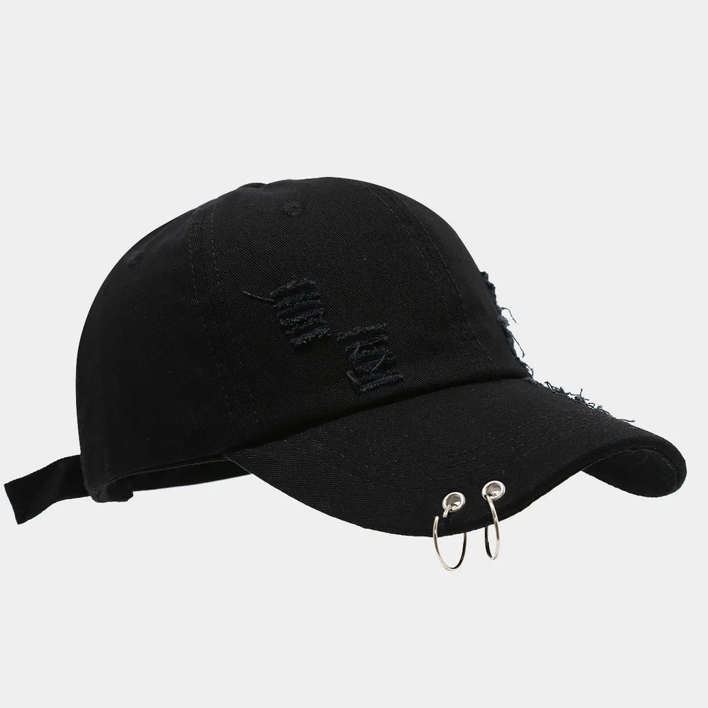 Men's adjustable denim peaked cap in black, white and light blue jeans colours with dome crown