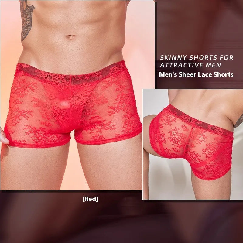 A pair of men's nylon lace boxers on a neutral background, shown in the available black, white, and red colour options.