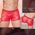 A pair of men's nylon lace boxers on a neutral background, shown in the available black, white, and red colour options.