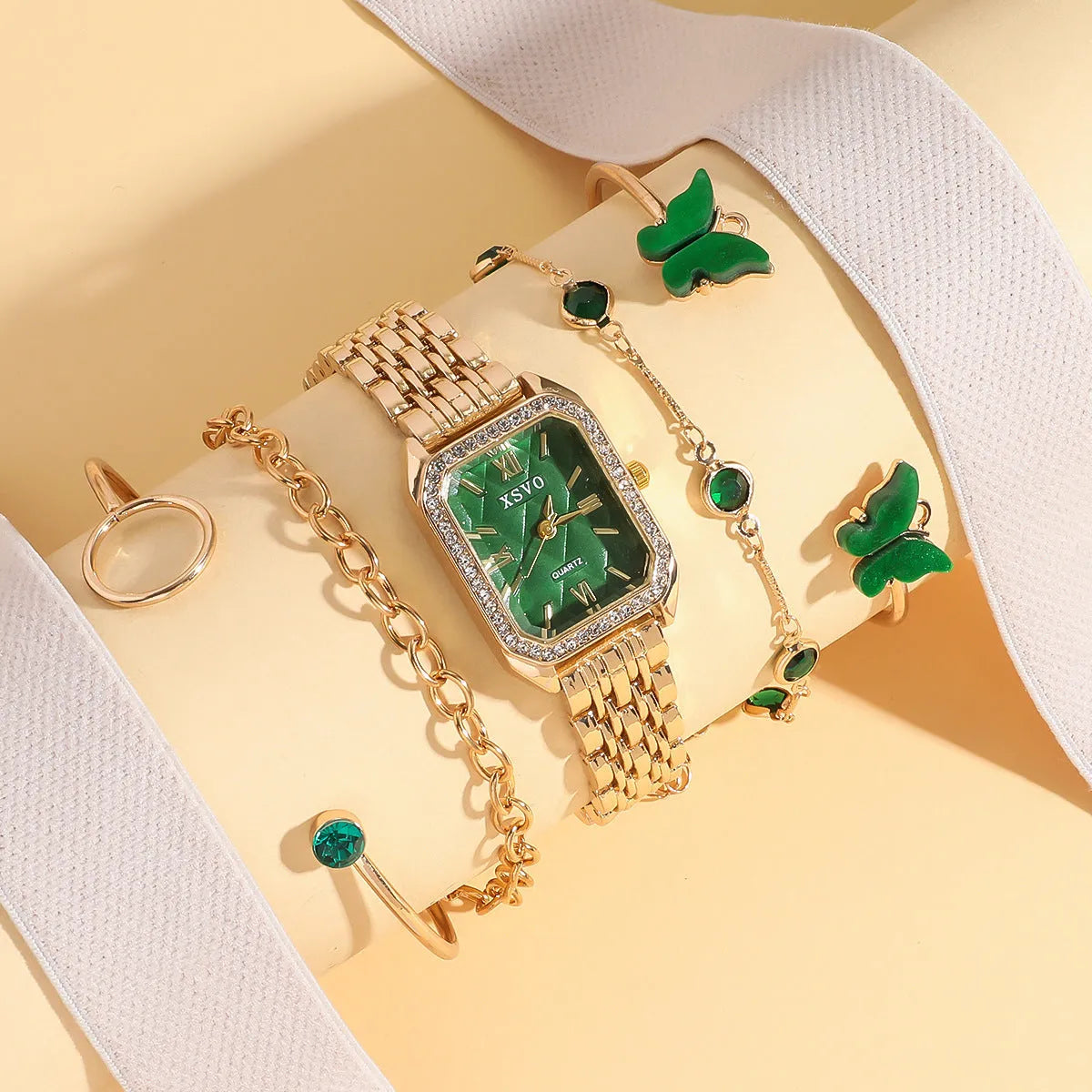 Gold green square women's watch with four matching bracelets in five-piece fashion jewellery set