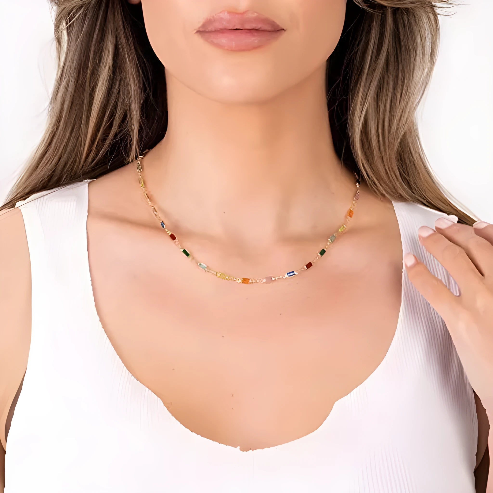 Ladies geometric crystal necklace with alloy chain and random colour glass detailing