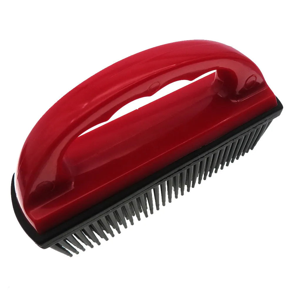 Red silicone pet hair removal brush with massage bristles for grooming and carpet cleaning