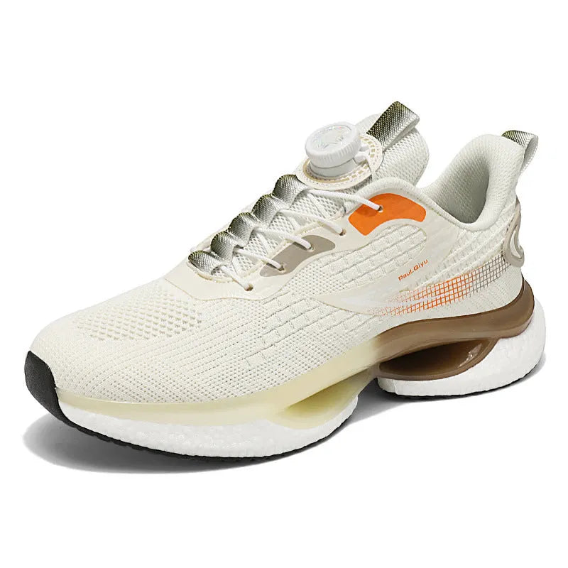 White rotating buckle low-top running shoes with breathable fly-knit mesh upper on a grey background.