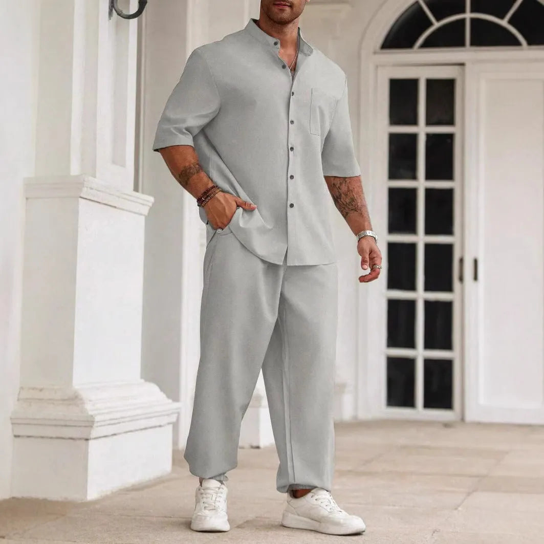 Men's casual cotton linen trouser set with short-sleeved shirt in black, grey, and apricot colours