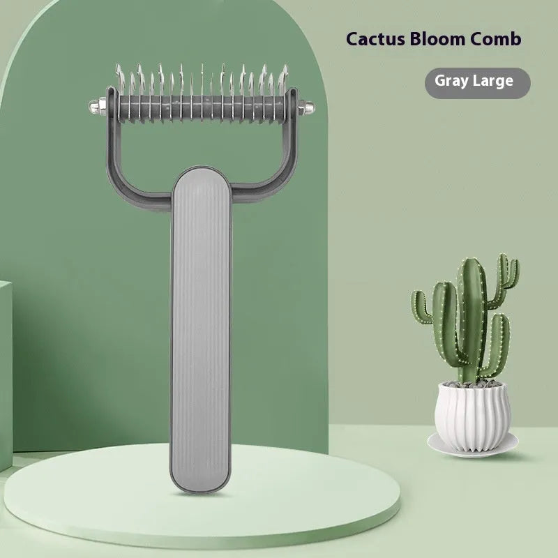 Green and grey pet hair unknotting comb with stainless steel teeth on PP handle