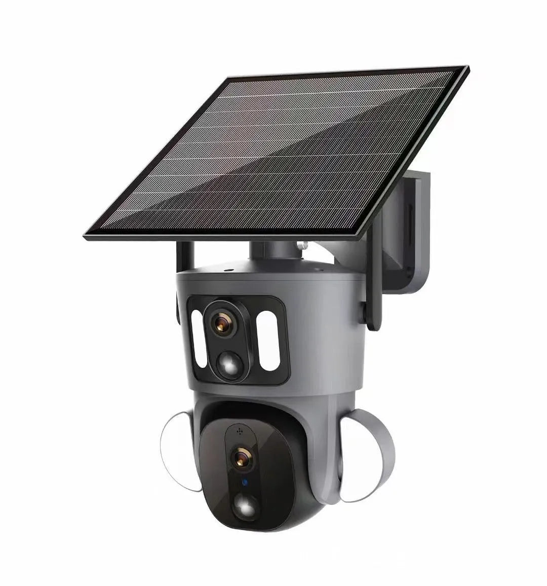 Solar-powered outdoor surveillance camera with three screens and solar panel