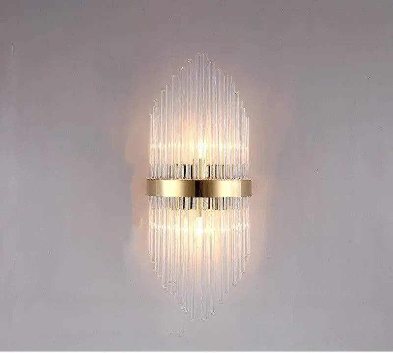 Modern petal-shaped crystal wall lamp with titanium finish in living room setting