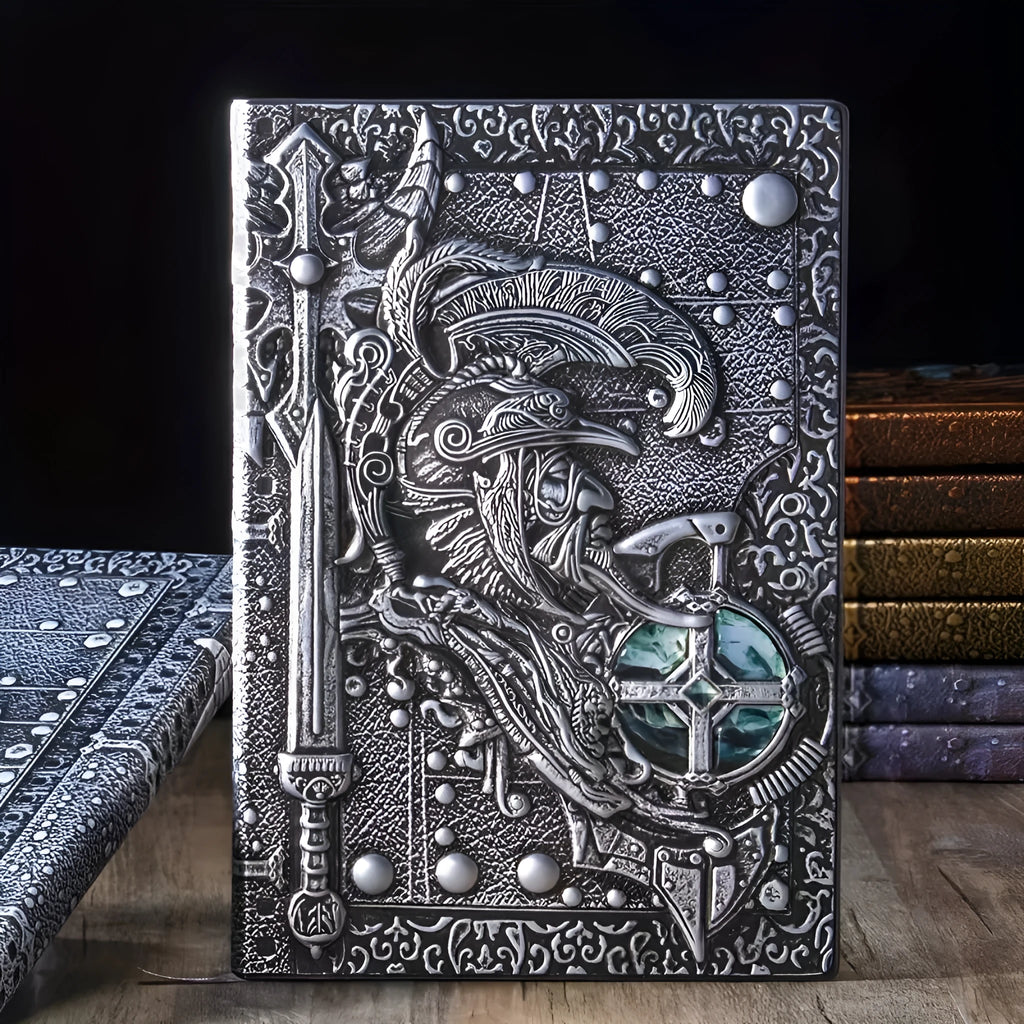 A5 leather notebook with embossed 3D warriors design on the cover.