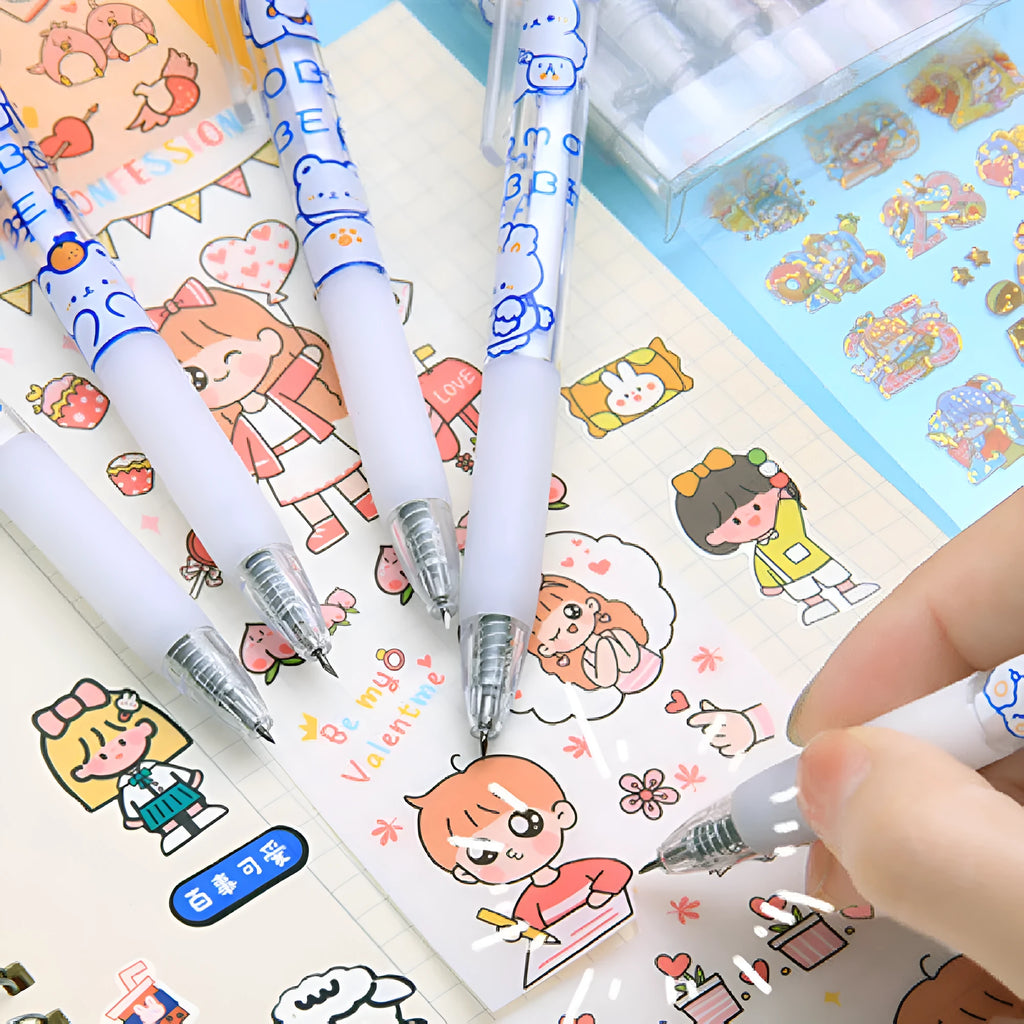Six animal-themed press pen knives showing orange bear, doll bear, and rabbit designs with plastic and metal construction