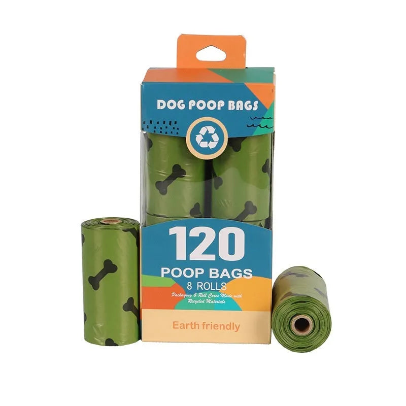 Roll of army green degradable dog poop bags with black bone print, showing bag size of 23x33cm.
